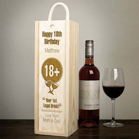 Personalised Happy Birthday Wooden Wine Box By KreateSquare Customise with Any Name and Age Over 18+ Design