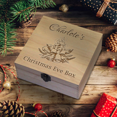 Personalised Wooden Box By KreateSquare Christmas Eve Memory Box Merry Christmas Candle with Bells & Ribbon