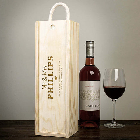 Personalised Wedding Wooden Wine Box By KreateSquare Customise with Any Name Ideal Valentines, Annivesary and Wedding Gift Mr and Mrs Design