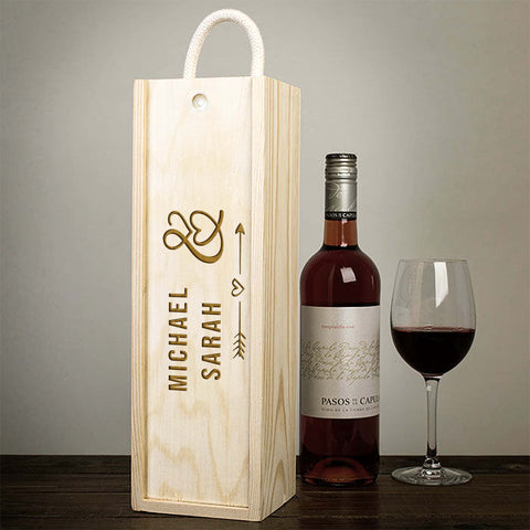 Personalised Couple Wooden Wine Box By KreateSquare Customise with Any Name Ideal Valentines, Annivesary and Wedding Gift Heart with Arrow Design