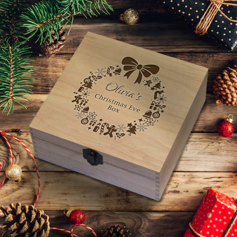 Personalised Wooden Box By KreateSquare Christmas Eve Memory Box Merry Christmas  Any Name Christmas Wreath