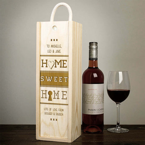 Personalised New Home Wooden Wine Box By KreateSquare Customise with Any Name Ideal Gift for Housewarming "Home Sweet Home" Design