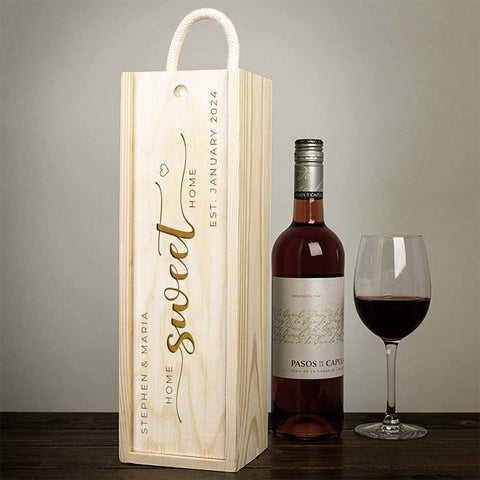 Personalised New Home Wooden Wine Box By KreateSquare Customise with Any Name and Date Ideal Gift for Housewarming "Home Sweet Home" Design