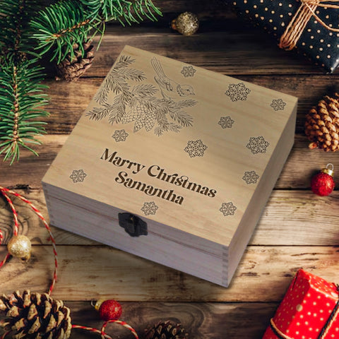 Personalised Wooden Box By KreateSquare Christmas Eve Memory Box Merry Christmas Snowflakes Design