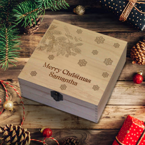 Personalised Wooden Box By KreateSquare Christmas Eve Memory Box Merry Christmas Snowflakes Design