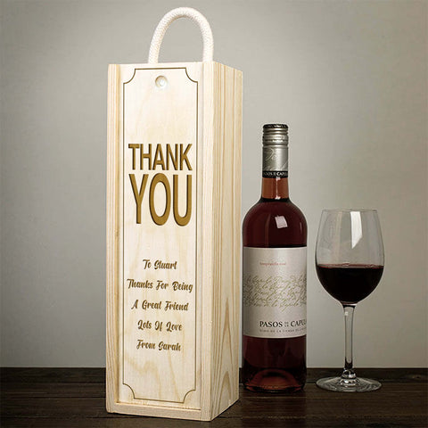 Personalised Thank You Wooden Wine Box By KreateSquare Customise with Any Name Ideal Birthday, Leaving, Christmas Gift Vintage Design