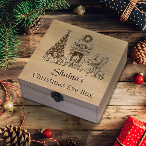 Personalised Wooden Box By KreateSquare Merry Christmas Eve Memory Box Christmas Tree and Fireplace