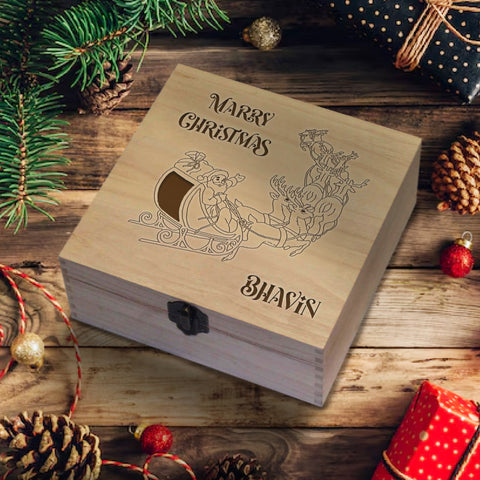 Personalised Wooden Box By KreateSquare Christmas Eve Memory Box Merry Christmas Santa Sleigh with Reindeer