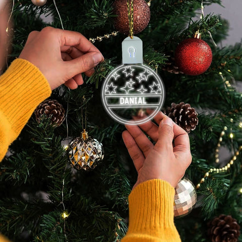 Personalised LED Christmas Bauble By KreateSquare Rechargeable 5 Flash Mode & 7 Colour Changing LED Tree Decoration Custom Name - Blink Star Design