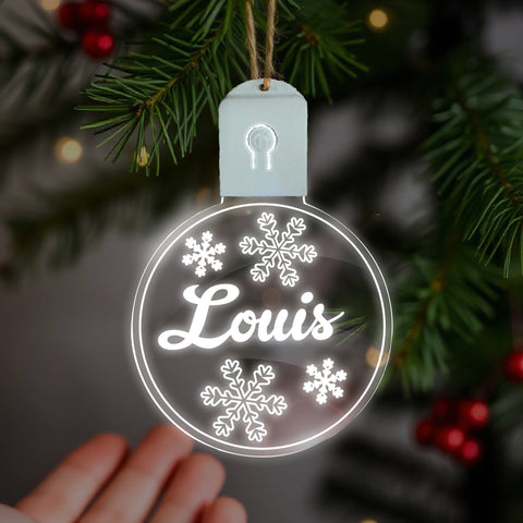 Personalised LED Christmas Bauble By KreateSquare Rechargeable 5 Flash Mode & 7 Colour Changing LED Tree Decoration Custom Name - Bow Snowfolks Design