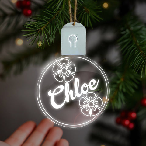 Personalised LED Christmas Bauble By KreateSquare Rechargeable 5 Flash Mode & 7 Colour Changing LED Tree Decoration Custom Name - Bow Flower Design