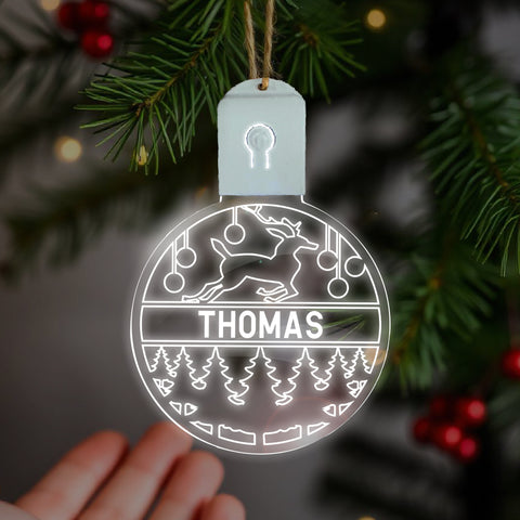 Personalised LED Christmas Bauble By KreateSquare Rechargeable 5 Flash Mode & 7 Colour Changing LED Tree Decoration Custom Name - Reindeer Design