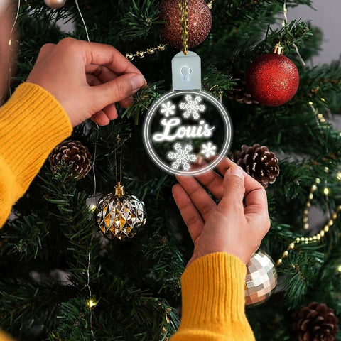 Personalised LED Christmas Bauble By KreateSquare Rechargeable 5 Flash Mode & 7 Colour Changing LED Tree Decoration Custom Name - Bow Snowfolks Design