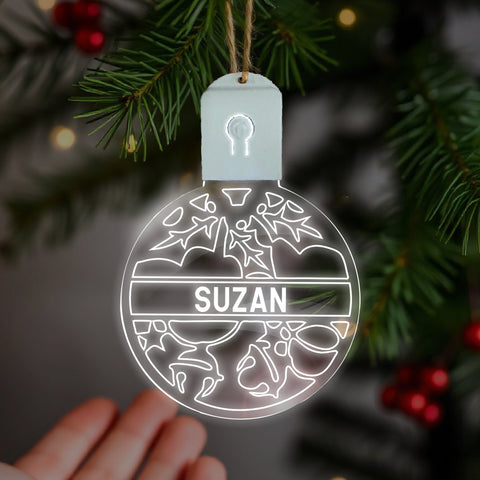 Personalised LED Christmas Bauble By KreateSquare Rechargeable 5 Flash Mode & 7 Colour Changing LED Tree Decoration Custom Name - Mistletoe Design