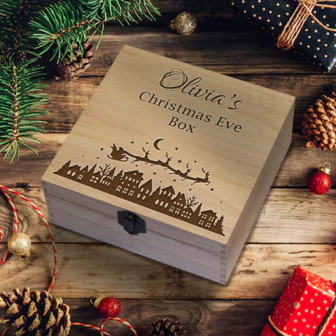 Personalised Wooden Box By KreateSquare Merry Christmas Eve Memory Box Christmas Village, Santa and Reindeer