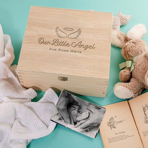 Personalised Baby Memorial Wooden Keepsake Box by KreateSquare – Memory Box for Bereavement, Remembrance Angel Design