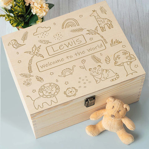 Personalised Newborn Baby Memory Box Keepsake by KreateSquare - for Baby Boy and Girl Gift Ideal Present for Baby Shower or 1st Birthday Rainforest Design