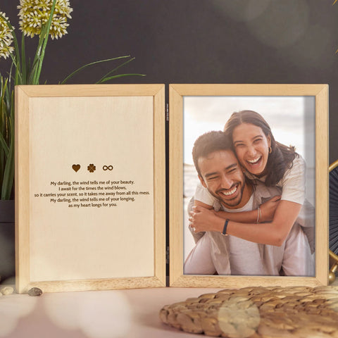 Personalised Wooden Folding Photo Frame for Couple By KreateSquare with Oak Wood Finish Engrave Any Message Ideal for Wedding Anniversary or Valentine