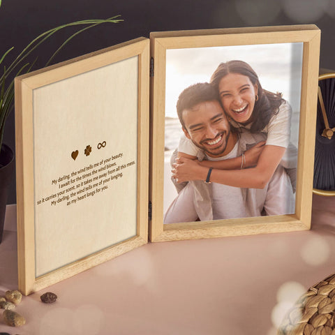 Personalised Wooden Folding Photo Frame for Couple By KreateSquare with Oak Wood Finish Engrave Any Message Ideal for Wedding Anniversary or Valentine