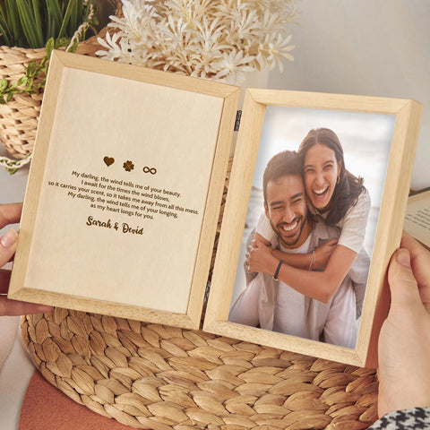 Personalised Wooden Folding Photo Frame for Couple By KreateSquare with Oak Wood Finish Engrave Any Message Ideal for Wedding Anniversary or Valentine