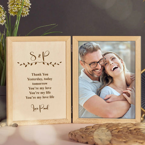 Custom Wooden Photo Frame for Couple By KreateSquare with Oak Wood Finish Engrave Any Message Ideal for Valentine Anniversary or Wedding