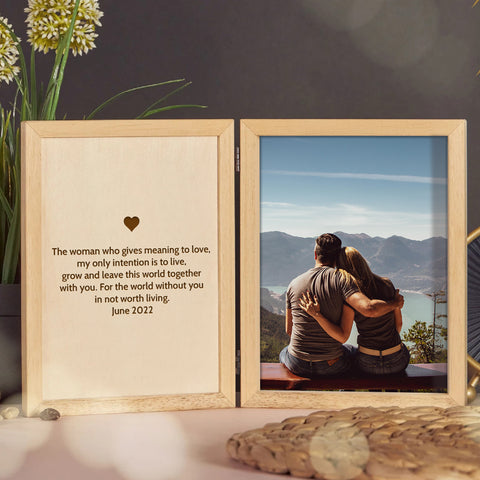 Personalised Wooden Folding Photo Frame for Couple By KreateSquare with Oak Wood Finish Engrave Any Message, Ideal for Wedding Anniversary Christmas Gift