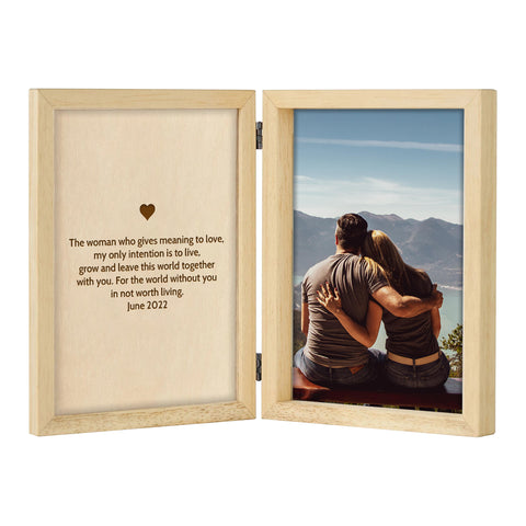 Personalised Wooden Folding Photo Frame for Couple By KreateSquare with Oak Wood Finish Engrave Any Message, Ideal for Wedding Anniversary Christmas Gift