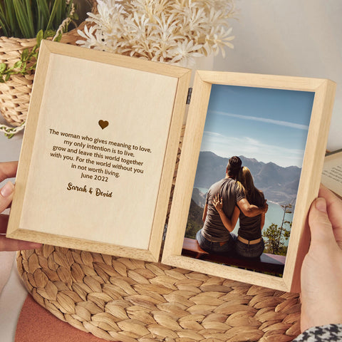 Personalised Wooden Folding Photo Frame for Couple By KreateSquare with Oak Wood Finish Engrave Any Message, Ideal for Wedding Anniversary Christmas Gift