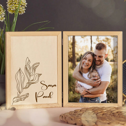 Personalised Folding Photo Frame for Couple By KreateSquare with Oak Wood Finish Engrave Any Message, Ideal for Wedding Anniversary or Valentine