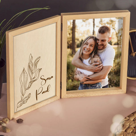 Personalised Folding Photo Frame for Couple By KreateSquare with Oak Wood Finish Engrave Any Message, Ideal for Wedding Anniversary or Valentine