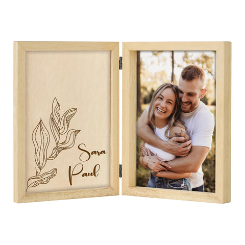 Personalised Folding Photo Frame for Couple By KreateSquare with Oak Wood Finish Engrave Any Message, Ideal for Wedding Anniversary or Valentine