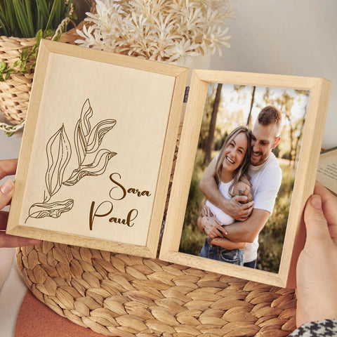 Personalised Folding Photo Frame for Couple By KreateSquare with Oak Wood Finish Engrave Any Message, Ideal for Wedding Anniversary or Valentine