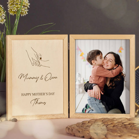 Personalised Wooden Folding Photo Frame for Mom By KreateSquare with Oak Wood Finish Engrave Any Message, Ideal for Mothers Day