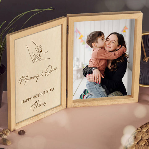 Personalised Wooden Folding Photo Frame for Mom By KreateSquare with Oak Wood Finish Engrave Any Message, Ideal for Mothers Day