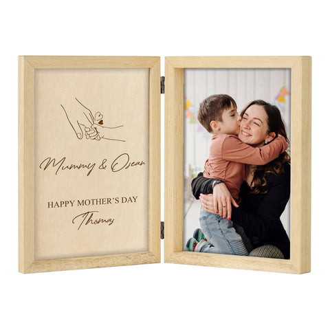 Personalised Wooden Folding Photo Frame for Mom By KreateSquare with Oak Wood Finish Engrave Any Message, Ideal for Mothers Day