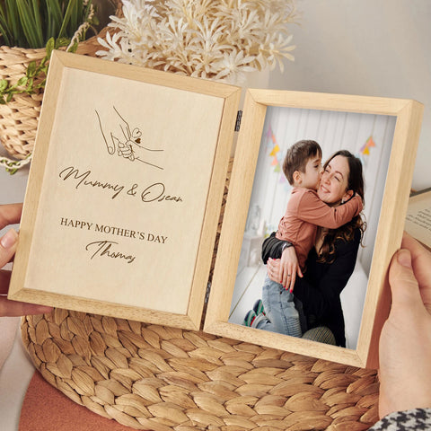 Personalised Wooden Folding Photo Frame for Mom By KreateSquare with Oak Wood Finish Engrave Any Message, Ideal for Mothers Day