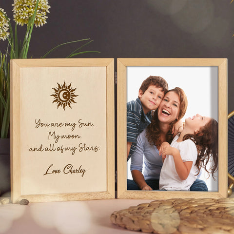 Personalised Wooden Folding Photo Frame By KreateSquare with Oak Wood Finish Engrave Any Message, Ideal for Birthday Gift Christmas