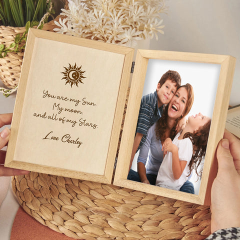 Personalised Wooden Folding Photo Frame By KreateSquare with Oak Wood Finish Engrave Any Message, Ideal for Birthday Gift Christmas