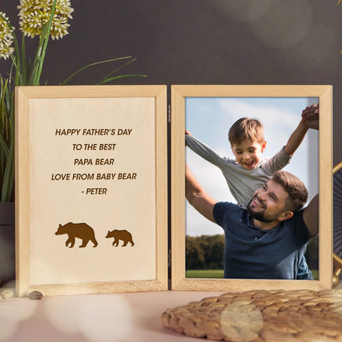 Personalised Wooden Folding Photo Frame for Dad By KreateSquare with Oak Wood Finish Engrave Any Message, Ideal for Fathers Day