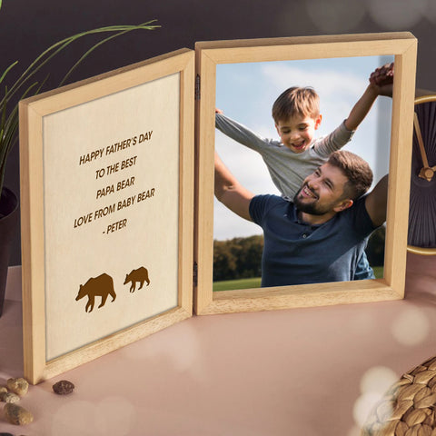 Personalised Wooden Folding Photo Frame for Dad By KreateSquare with Oak Wood Finish Engrave Any Message, Ideal for Fathers Day