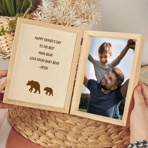 Personalised Wooden Folding Photo Frame for Dad By KreateSquare with Oak Wood Finish Engrave Any Message, Ideal for Fathers Day