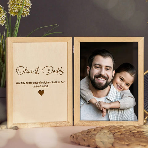 Personalised Wooden Folding Photo Frame for Dad By KreateSquare with Oak Wood Finish Engrave Any Message, Ideal for Birthday Gift Christmas