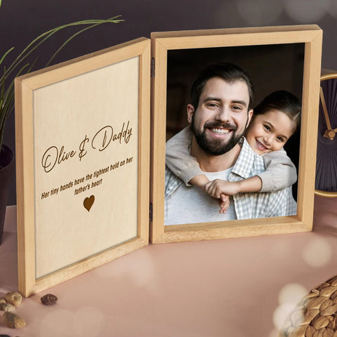 Personalised Wooden Folding Photo Frame for Dad By KreateSquare with Oak Wood Finish Engrave Any Message, Ideal for Birthday Gift Christmas