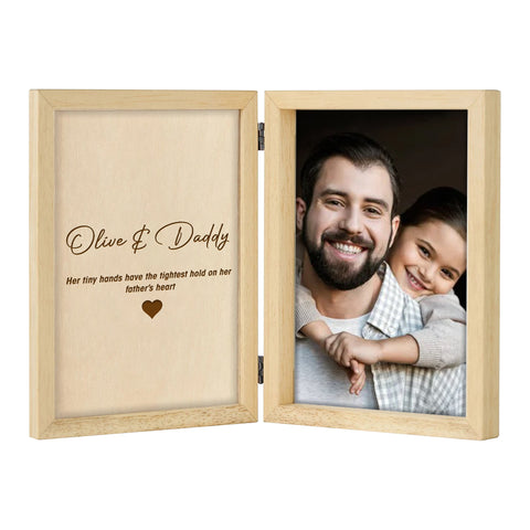 Personalised Wooden Folding Photo Frame for Dad By KreateSquare with Oak Wood Finish Engrave Any Message, Ideal for Birthday Gift Christmas