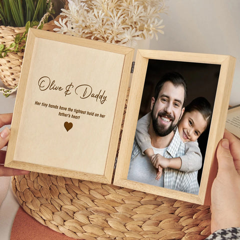 Personalised Wooden Folding Photo Frame for Dad By KreateSquare with Oak Wood Finish Engrave Any Message, Ideal for Birthday Gift Christmas