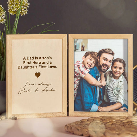 Personalised Folding Photo Frame By KreateSquare with Oak Wood Finish Engrave Any Message, Ideal for Fathers Day, Christmas or Birthday Gift