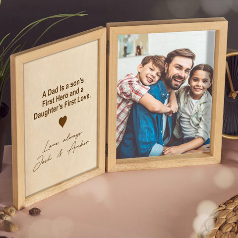 Personalised Folding Photo Frame By KreateSquare with Oak Wood Finish Engrave Any Message, Ideal for Fathers Day, Christmas or Birthday Gift