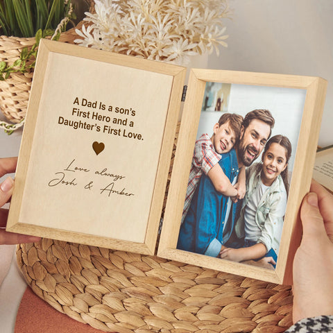 Personalised Folding Photo Frame By KreateSquare with Oak Wood Finish Engrave Any Message, Ideal for Fathers Day, Christmas or Birthday Gift