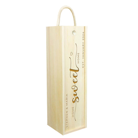 Personalised New Home Wooden Wine Box By KreateSquare Customise with Any Name and Date Ideal Gift for Housewarming "Home Sweet Home" Design