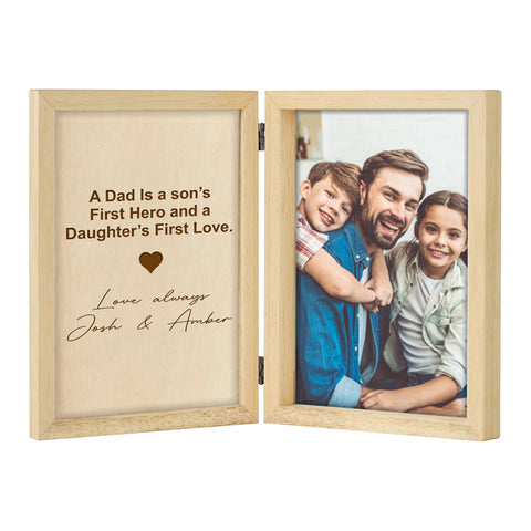 Personalised Folding Photo Frame By KreateSquare with Oak Wood Finish Engrave Any Message, Ideal for Fathers Day, Christmas or Birthday Gift